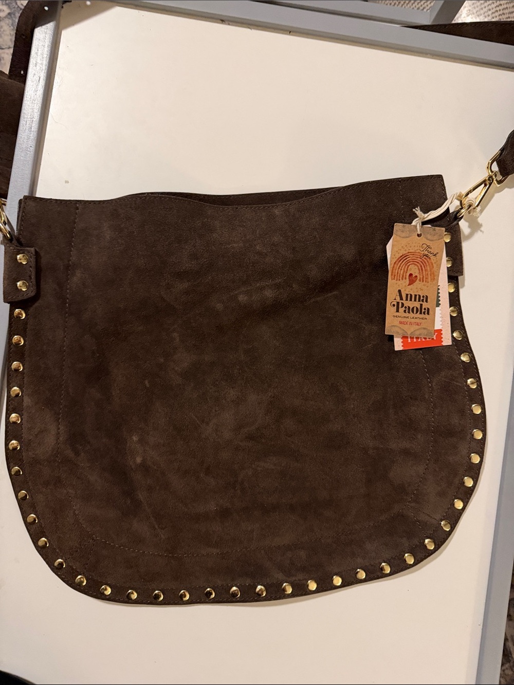 Anna Paola Dark Brown Suede Shoulder Bag with Stud Trim